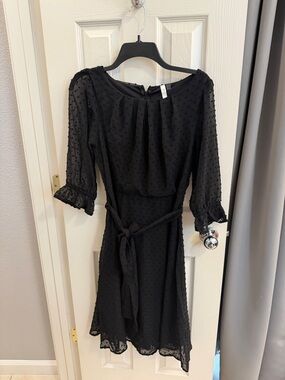 NY Collection Black Swiss Dot Tie-Waist Long Sleeve Dress